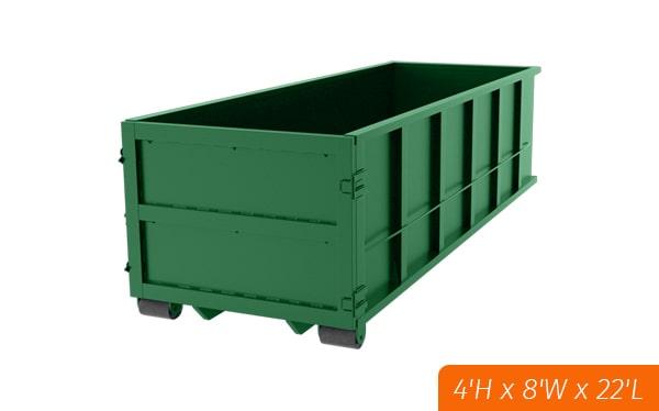 the twenty yard dumpsters have the capacity to hold up to 20 cubic yards of material with a weight limit of 3 to 4 tons